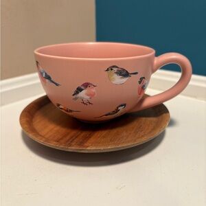 ☕️ Indigo Pink Bird Motif Tea Cup with Wooden Saucer